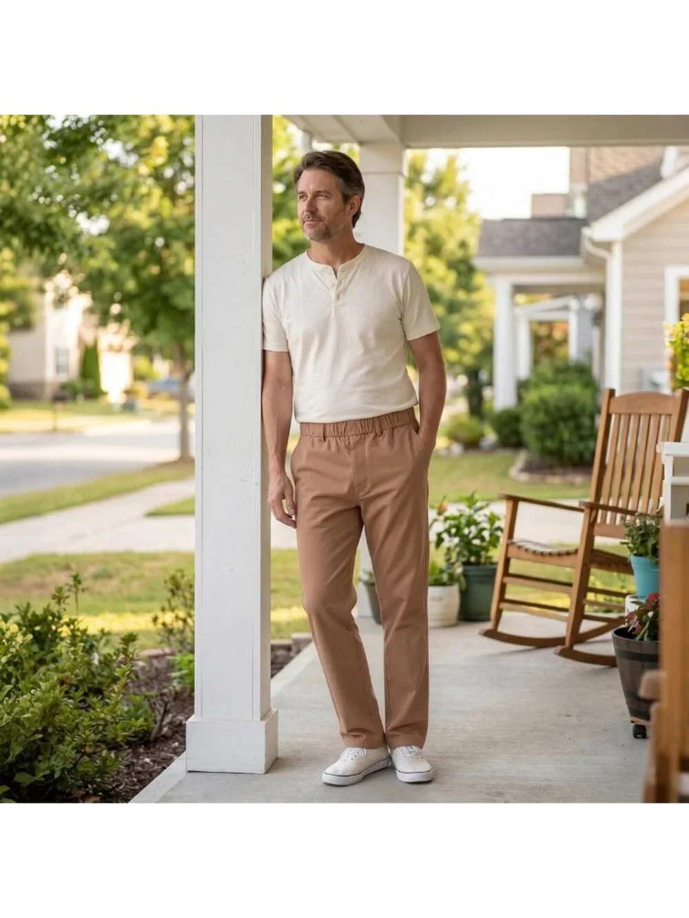 Men's Cotton Relaxed Fit Twill Pants with Full Elastic Waist - Comfortable